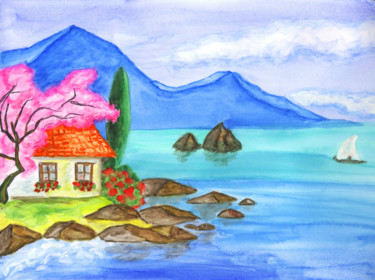 Pintura titulada "House on sea" por Irina Afonskaya, Obra de arte original, Acuarela