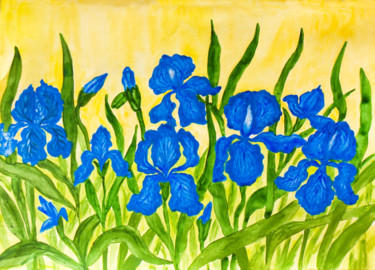 Картина под названием "Blue irises on yell…" - Irina Afonskaya, Подлинное произведение искусства, Акварель