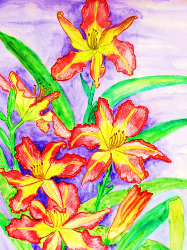 绘画 标题为“Pink-yellow lilies” 由Irina Afonskaya, 原创艺术品, 水彩