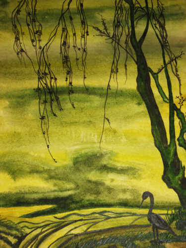 Pittura intitolato "Bird with tree on g…" da Irina Afonskaya, Opera d'arte originale, Acquarello