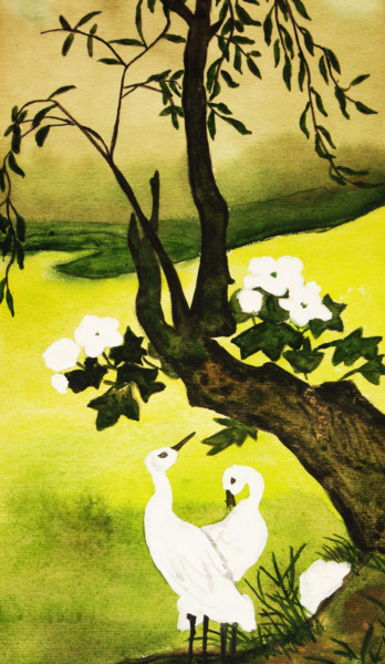 Картина под названием "Two white birds wit…" - Irina Afonskaya, Подлинное произведение искусства, Акварель