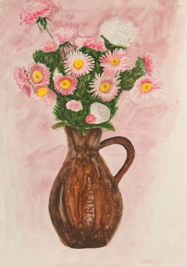 Painting titled "Pink daisies in vase" by Irina Afonskaya, Original Artwork, Watercolor