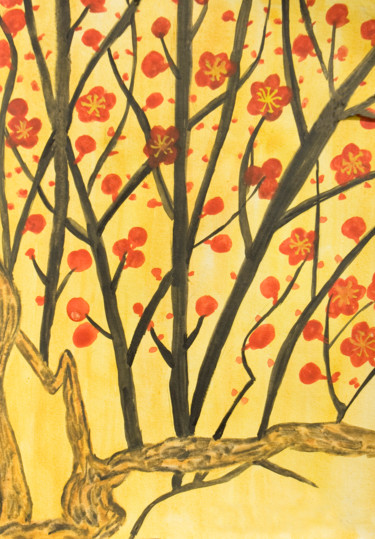 Картина под названием "Branch with red flo…" - Irina Afonskaya, Подлинное произведение искусства, Акварель