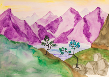 Painting titled "Lilas hills" by Irina Afonskaya, Original Artwork, Watercolor