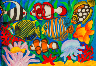 Malerei mit dem Titel "Colourful fishes" von Irina Afonskaya, Original-Kunstwerk, Aquarell