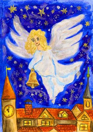 Pintura intitulada "Angel with bell" por Irina Afonskaya, Obras de arte originais, Aquarela