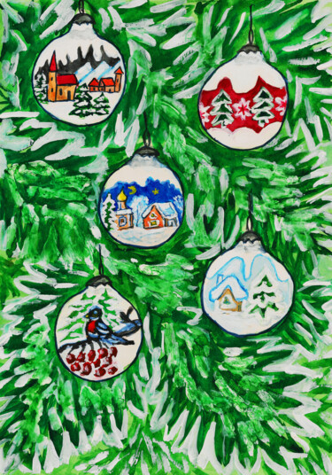 Картина под названием "Balls on Christmas…" - Irina Afonskaya, Подлинное произведение искусства, Акварель