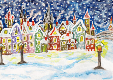 Malerei mit dem Titel "Fairy town in winter" von Irina Afonskaya, Original-Kunstwerk, Aquarell