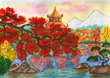 Painting titled "Autumn in Japan" by Irina Afonskaya, Original Artwork, Watercolor