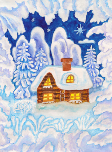 Malerei mit dem Titel "House in snow frame" von Irina Afonskaya, Original-Kunstwerk, Aquarell