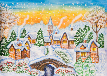 Pittura intitolato "Winter landscape wi…" da Irina Afonskaya, Opera d'arte originale, Acquarello