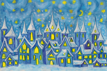 Painting titled "Dreamstown blue" by Irina Afonskaya, Original Artwork, Watercolor