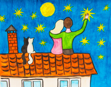 Peinture intitulée "Couple on the roof" par Irina Afonskaya, Œuvre d'art originale, Aquarelle