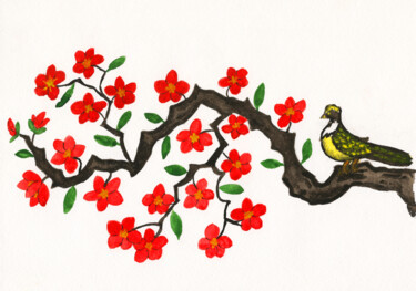 Malarstwo zatytułowany „Bird on branch with…” autorstwa Irina Afonskaya, Oryginalna praca, Akwarela