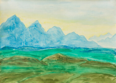 Painting titled "Blue hills on yello…" by Irina Afonskaya, Original Artwork, Watercolor