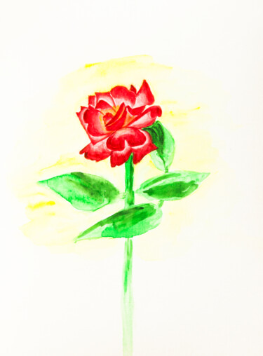 Painting titled "Red rose on yellow…" by Irina Afonskaya, Original Artwork, Watercolor