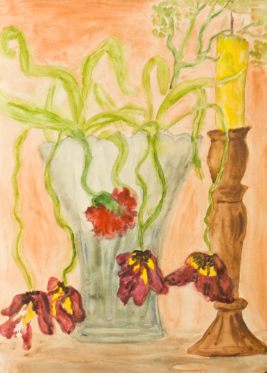 Painting titled "Withered tulips in…" by Irina Afonskaya, Original Artwork, Watercolor