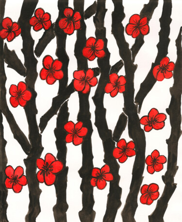 Картина под названием "Branches with red f…" - Irina Afonskaya, Подлинное произведение искусства, Акварель