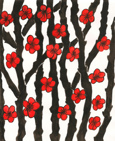 Branches with red flowers on white background Painting titled "Branches with red f…" by Irina Afonskaya, Original Art, Watercolor