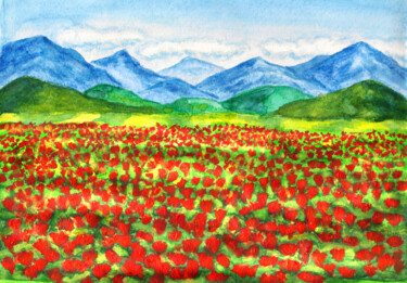 Painting titled "Meadow with red pop…" by Irina Afonskaya, Original Artwork, Watercolor