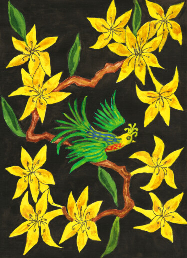 Painting titled "Bird on branch with…" by Irina Afonskaya, Original Artwork, Gouache