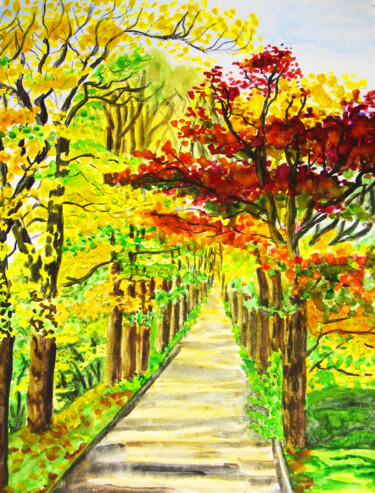 Schilderij getiteld "Autumn landscape al…" door Irina Afonskaya, Origineel Kunstwerk, Aquarel
