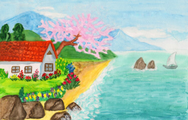 Pittura intitolato "House on sea 2 wate…" da Irina Afonskaya, Opera d'arte originale, Acquarello