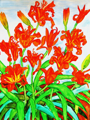 Pintura titulada "Orange daily lilies…" por Irina Afonskaya, Obra de arte original, Acuarela