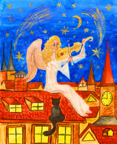 Pintura titulada "Angel with violin w…" por Irina Afonskaya, Obra de arte original, Acuarela