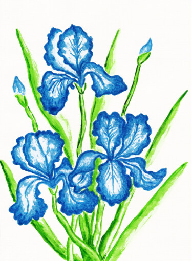 Painting titled "Three blue irises" by Irina Afonskaya, Original Artwork, Watercolor