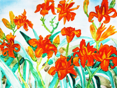 Painting titled "Orange lilies horiz…" by Irina Afonskaya, Original Artwork, Watercolor