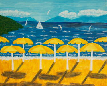 Painting titled "Yellow beach umbrel…" by Irina Afonskaya, Original Artwork, Acrylic Mounted on Wood Stretcher frame
