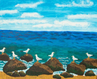 Painting titled "Seagulls on stones" by Irina Afonskaya, Original Artwork, Acrylic Mounted on Wood Stretcher frame
