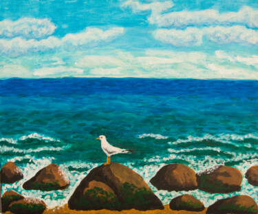 Painting titled "Seagull on stone" by Irina Afonskaya, Original Artwork, Acrylic Mounted on Wood Stretcher frame