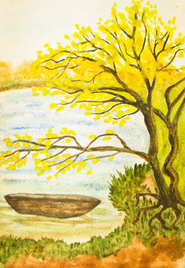 Schilderij getiteld "Autumn landscape wi…" door Irina Afonskaya, Origineel Kunstwerk, Aquarel