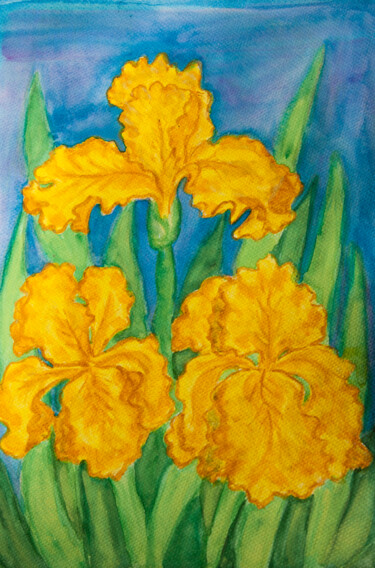 Painting titled "Three yellow irises" by Irina Afonskaya, Original Artwork, Watercolor