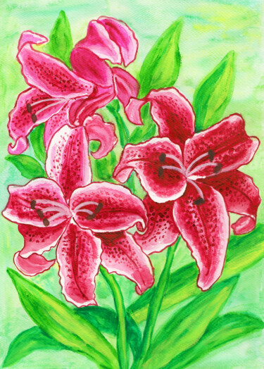 Картина под названием "Crimson lilies" - Irina Afonskaya, Подлинное произведение искусства, Акварель