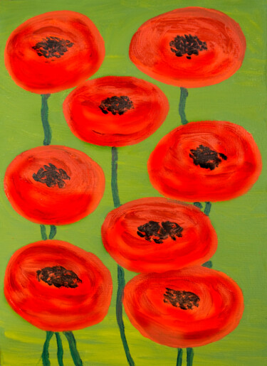 Peinture intitulée "Red poppies on gree…" par Irina Afonskaya, Œuvre d'art originale, Huile