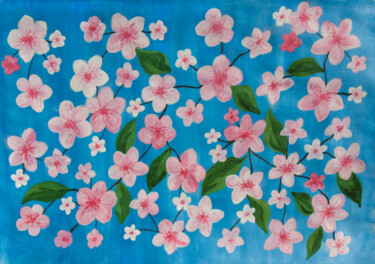 Pintura intitulada "Pink flowers on blu…" por Irina Afonskaya, Obras de arte originais, Aquarela