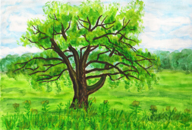 Peinture intitulée "Willow tree on mead…" par Irina Afonskaya, Œuvre d'art originale, Aquarelle
