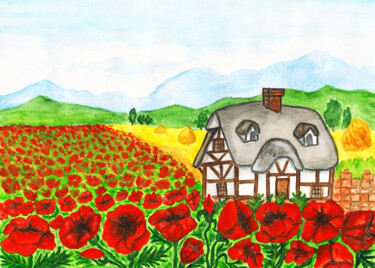 Malerei mit dem Titel "House with red popp…" von Irina Afonskaya, Original-Kunstwerk, Aquarell