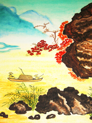 Painting titled "Landscape with boat…" by Irina Afonskaya, Original Artwork, Watercolor