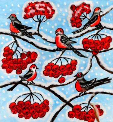 Pittura intitolato "Bulfinches on branc…" da Irina Afonskaya, Opera d'arte originale, Acquarello