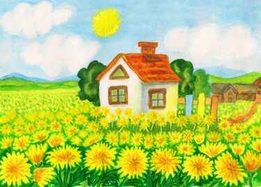 Картина под названием "House with yellow d…" - Irina Afonskaya, Подлинное произведение искусства, Акварель