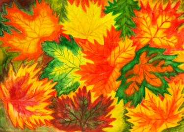 Painting titled "Autumn maple leaves" by Irina Afonskaya, Original Artwork, Watercolor