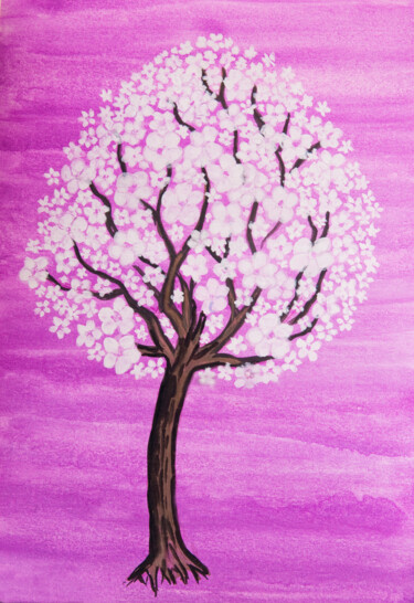 Pittura intitolato "White tree on purple" da Irina Afonskaya, Opera d'arte originale, Acquarello