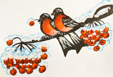 Peinture intitulée "Two bullfinches wit…" par Irina Afonskaya, Œuvre d'art originale, Gouache