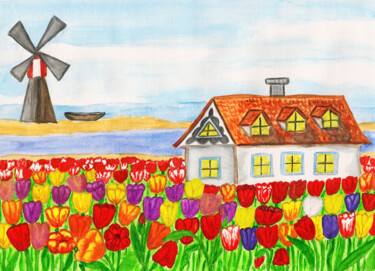 Painting titled "House with tulips i…" by Irina Afonskaya, Original Artwork, Watercolor