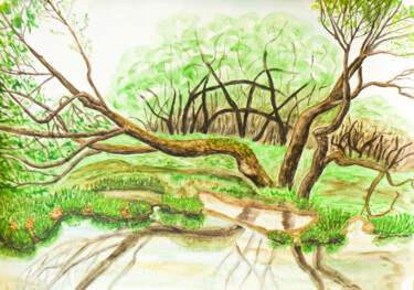 Schilderij getiteld "Willow trees and wa…" door Irina Afonskaya, Origineel Kunstwerk, Aquarel