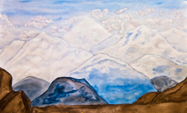Ζωγραφική με τίτλο "Snow tops of mounta…" από Irina Afonskaya, Αυθεντικά έργα τέχνης, Ακουαρέλα